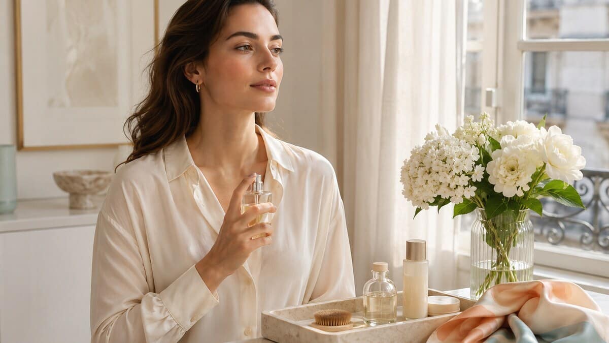 woman holding an unlabeled summer perfume mist near a bright window