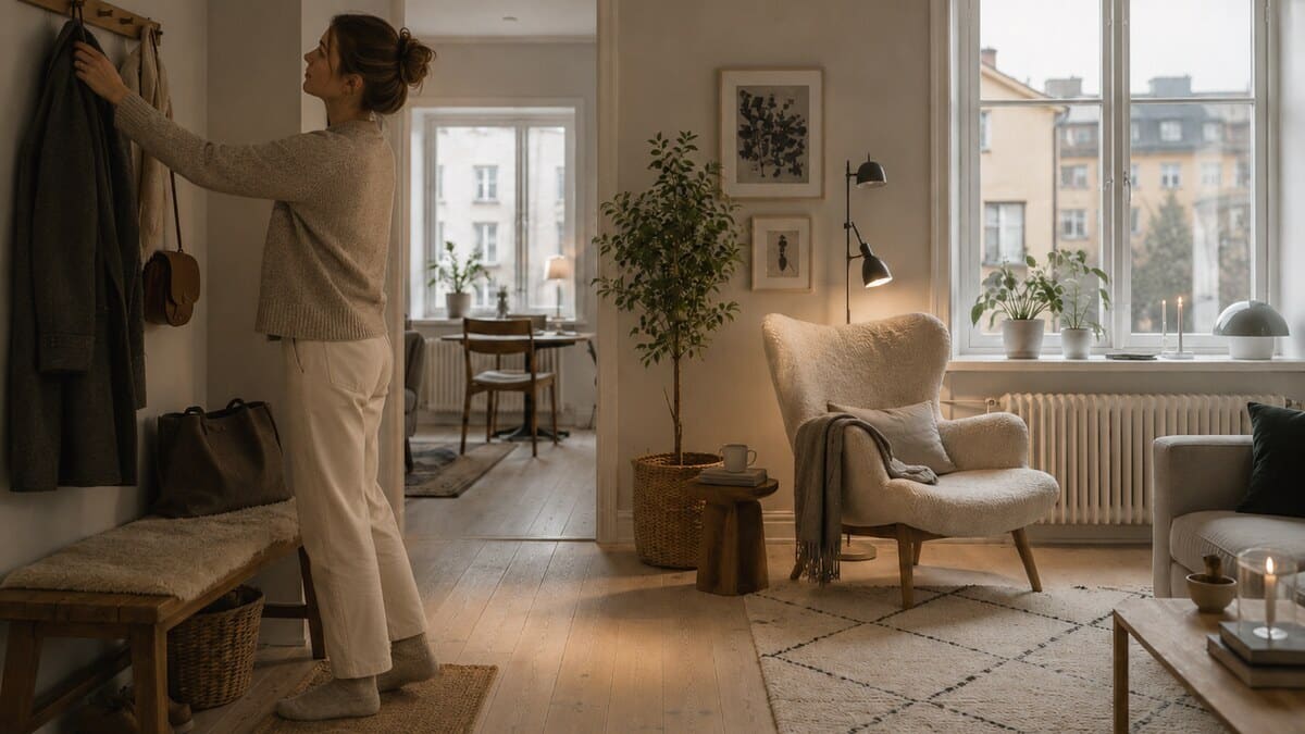Stockholm calm design interior with winter light layered lamps pale wood patterned textile and practical entry storage