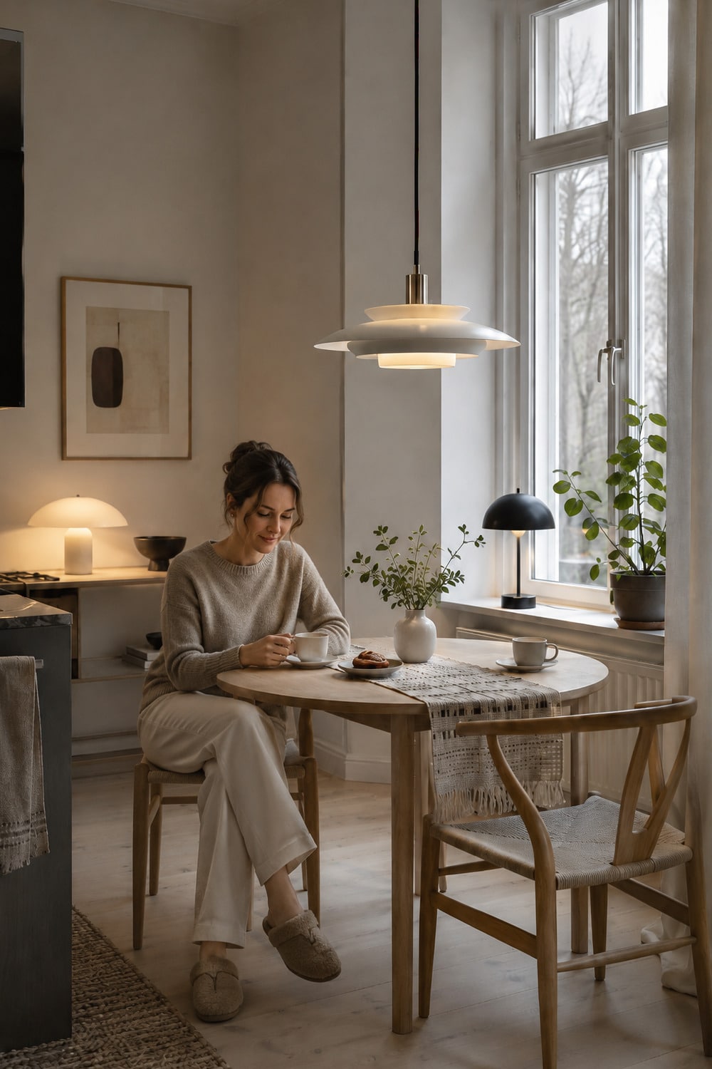 Stockholm calm design apartment interior with layered lighting pale wood textiles and a shared fika table