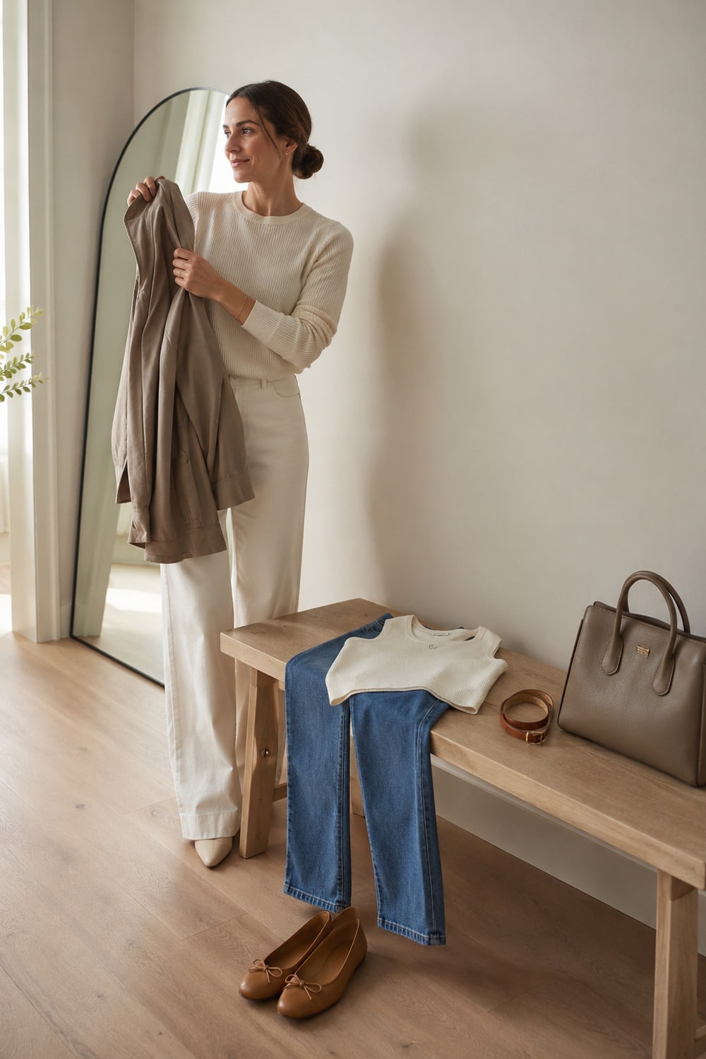 Transitional Denim Outfits for Late Summer Transitional denim outfits with straight jeans a sleeveless top a light jacket and tan flats