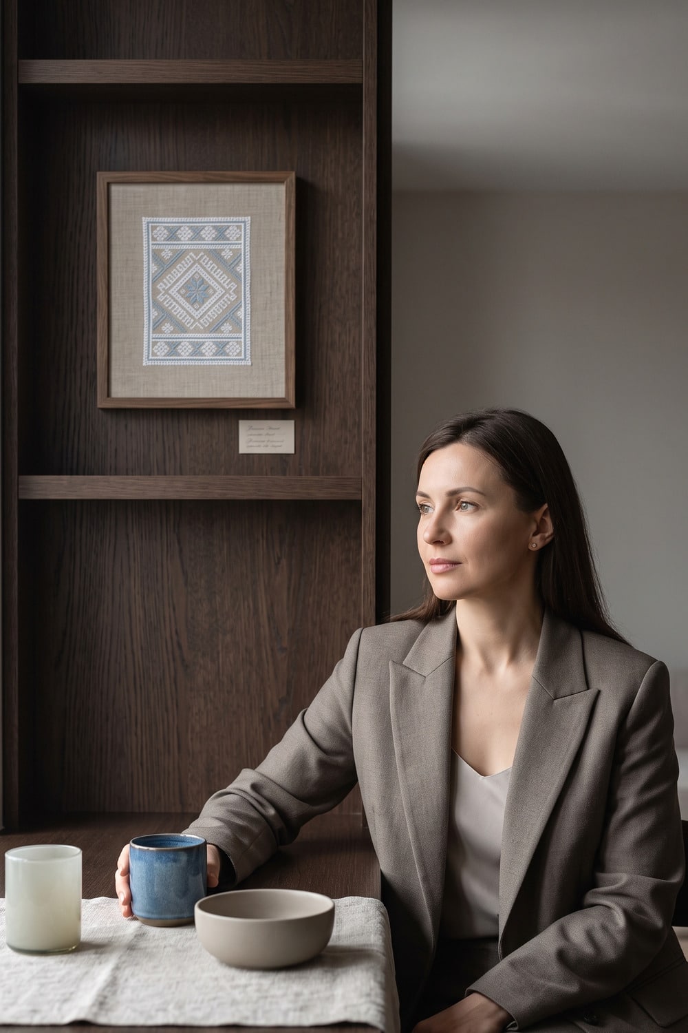 Kyiv Craft and Ukrainian Everyday Design Ukrainian women lifestyle in this Kyiv craft setting with a small embroidered linen panel, blue ceramic cup, timber shelf, and soft window light
