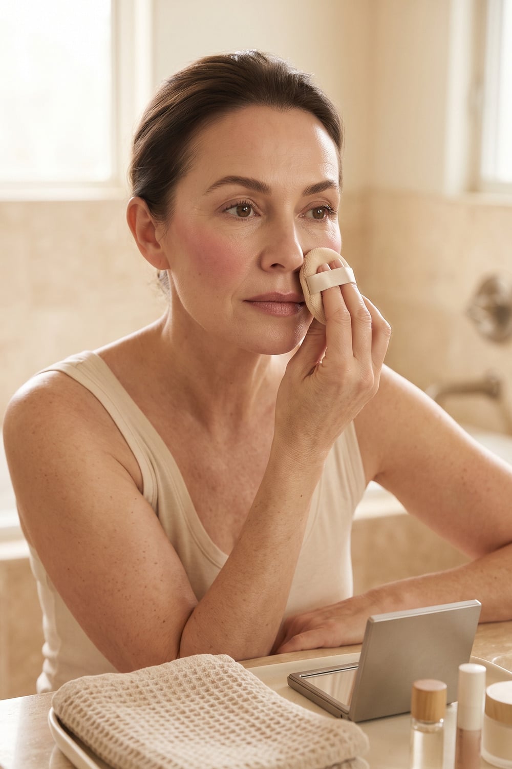 Velvet Skin Makeup With A Soft Matte Finish Woman wearing velvet skin makeup with a soft matte centre, natural cheek texture and diffused rose colour