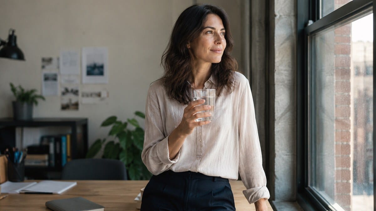 An adult woman pauses by a workplace window with water and a closed notebook, illustrating workday energy rituals