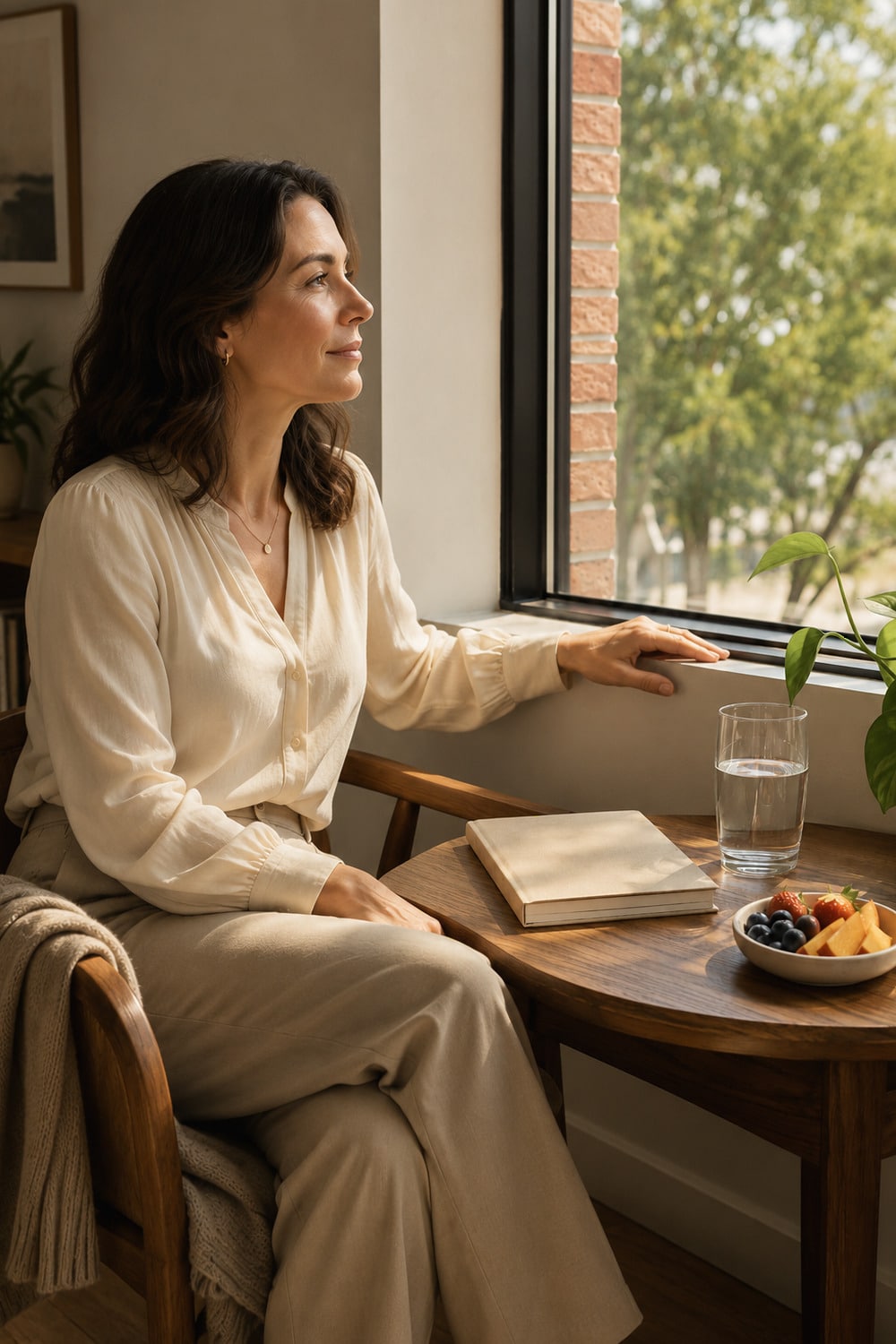 Workday Energy Rituals for Steadier Working Hours A sunlit workday pause illustrating workday energy rituals with water, a closed notebook, fruit, and a cardigan beside a window