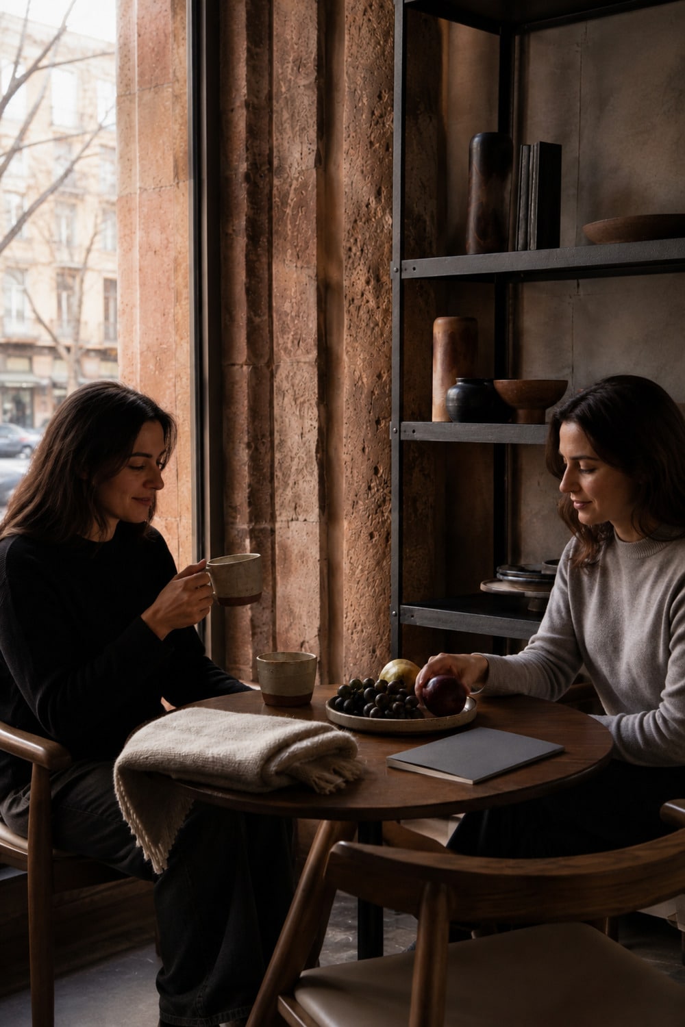 Armenian women lifestyle in a contemporary Yerevan table setting with handmade ceramics textiles and a warm stone window