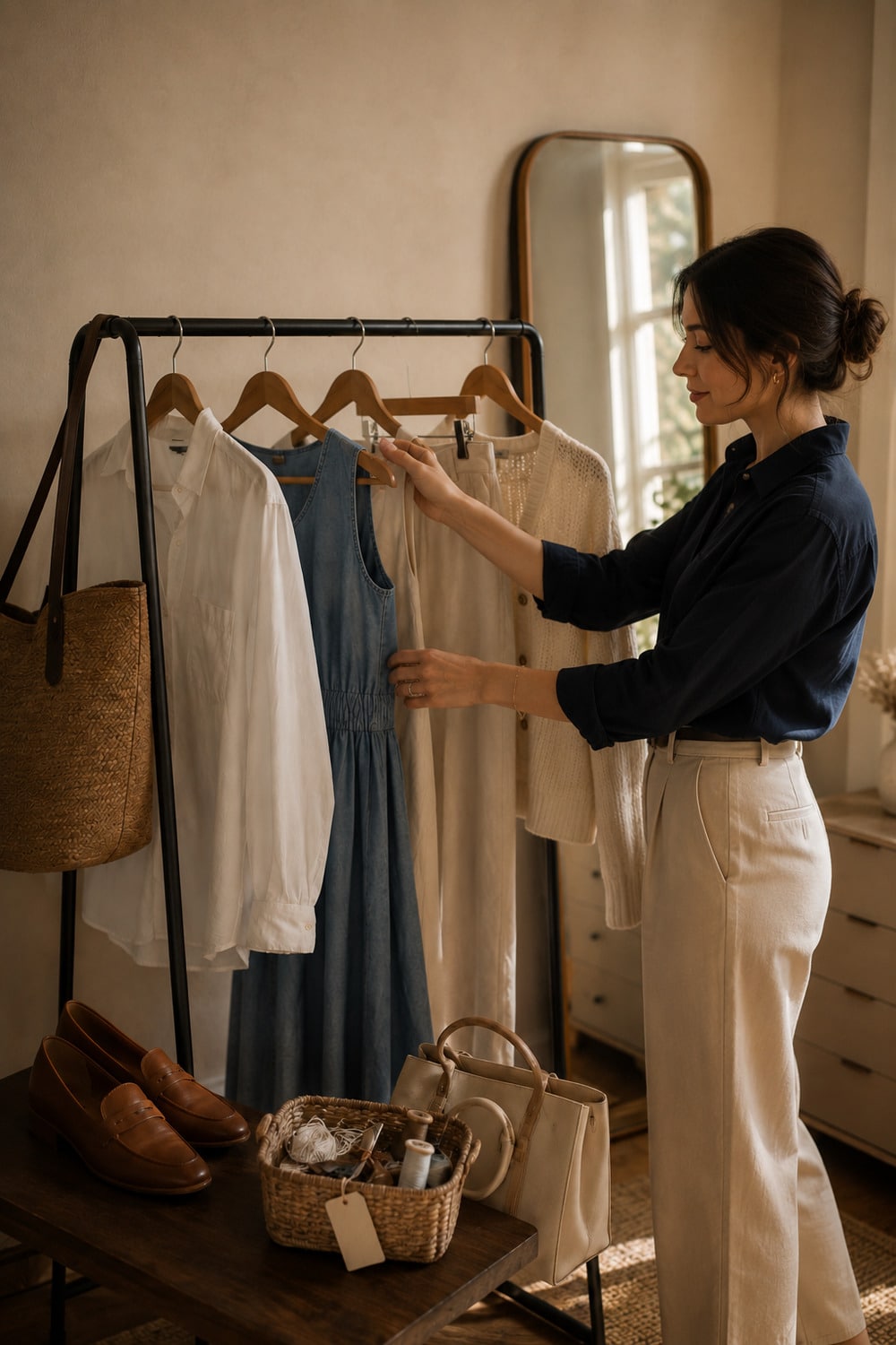 August Closet Edit for the Season Ahead Late summer wardrobe rail arranged for an August closet edit with dresses shirts knitwear and loafers