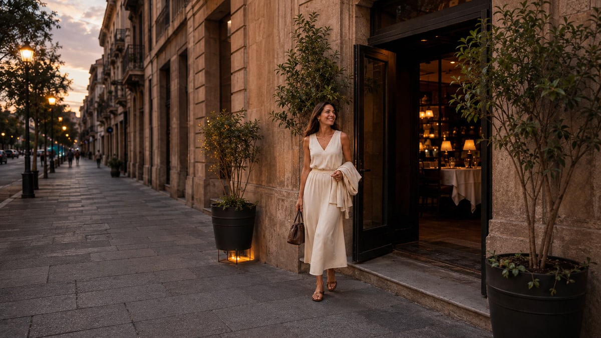Woman illustrating August dinner outfits in a fluid cream look with low sandals and a small cocoa handbag outside a restaurant