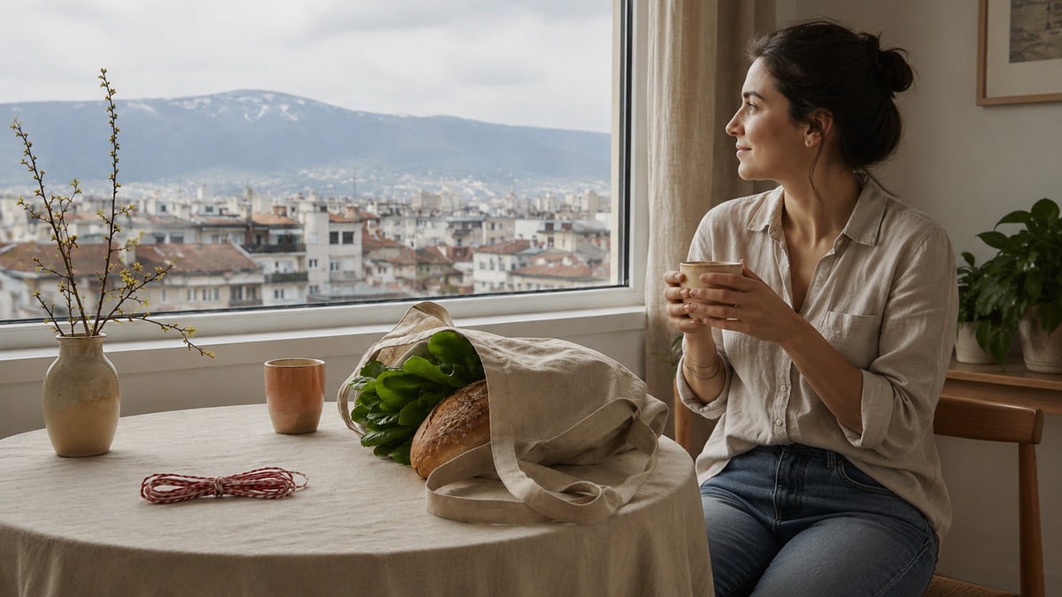 Bulgarian women lifestyle in a Sofia early spring interior with red and white thread, market produce, ceramic cups and the Vitosha ridge