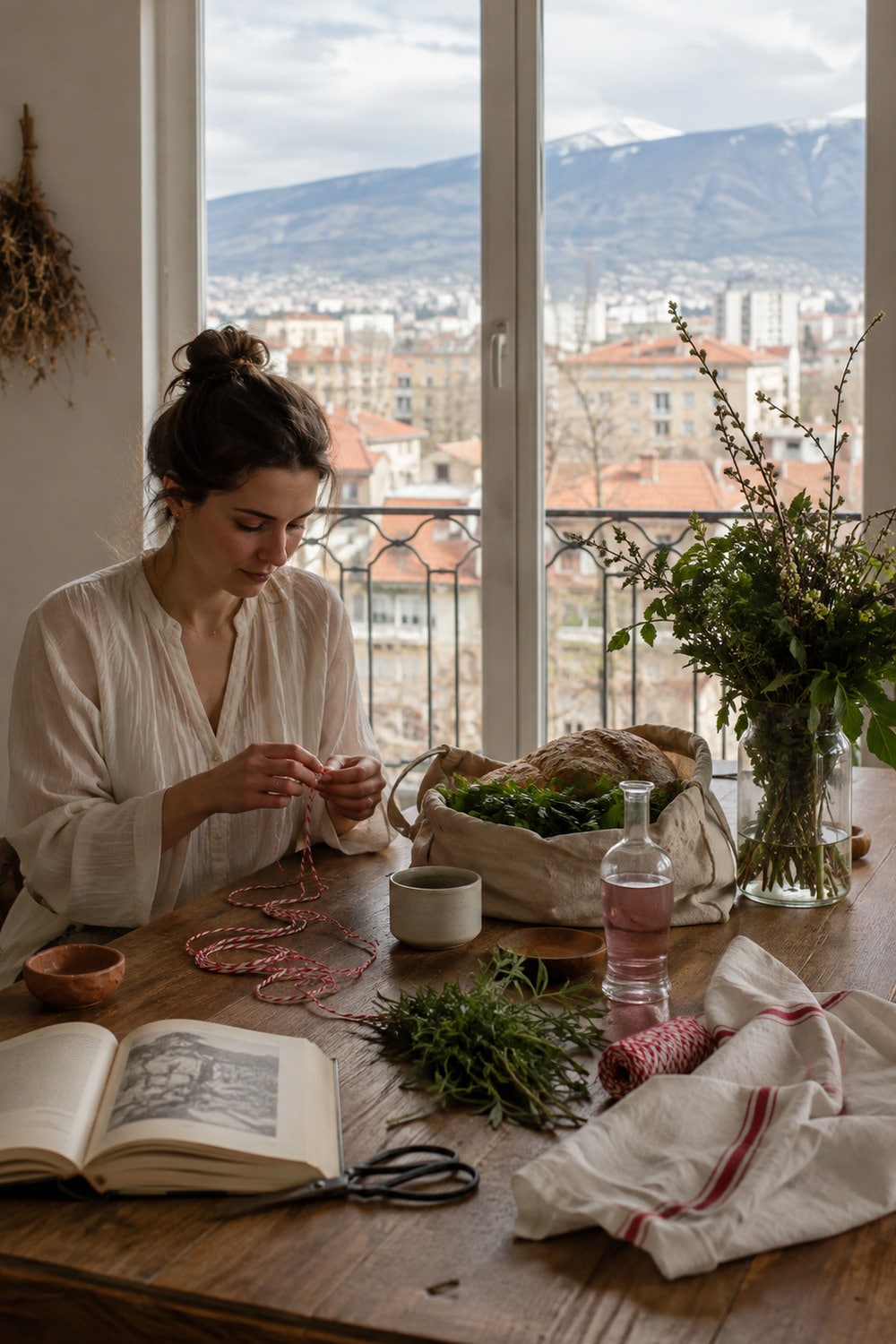 Bulgarian Spring Rituals Through Roses Nature and Shared Tables Bulgarian women lifestyle in a Sofia early spring table scene with red and white thread, market greens, ceramic cups and Vitosha beyond