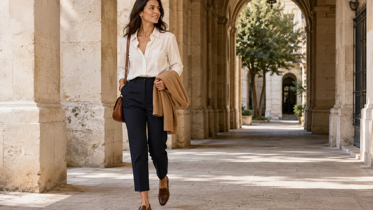 Woman showing chocolate loafer style with cropped trousers an ivory shirt and a light knit