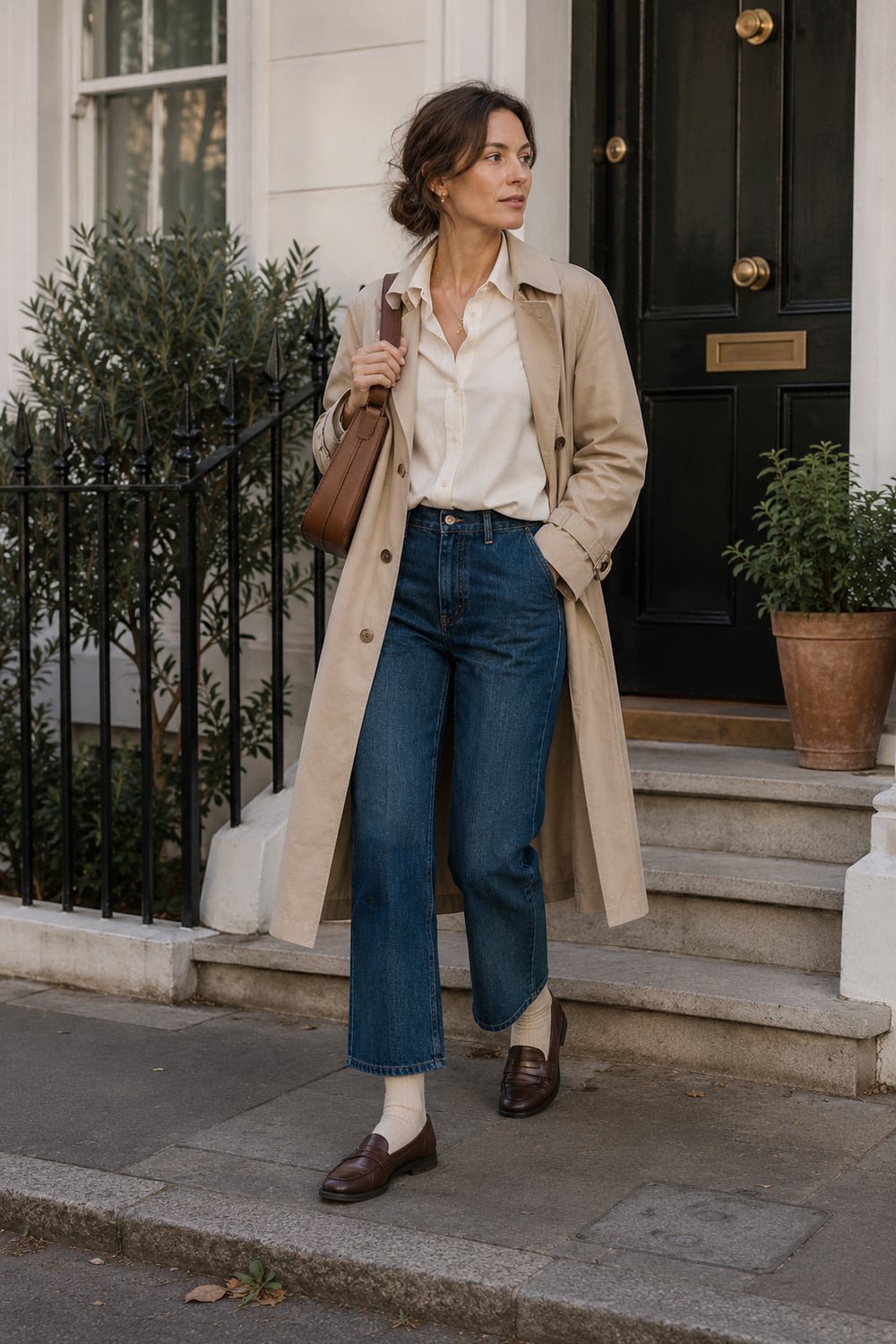 Chocolate Loafers Through Transitional Days Woman showing chocolate loafer style with cropped trousers an ivory shirt and a warm leather handbag