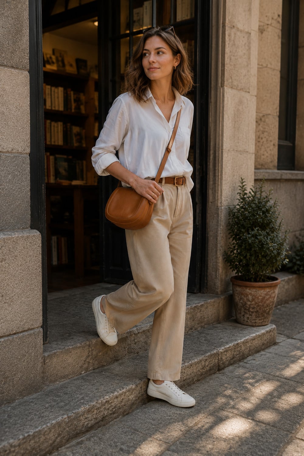 City walk outfits for late summer with relaxed trousers slim sneakers a light shirt and a practical crossbody bag