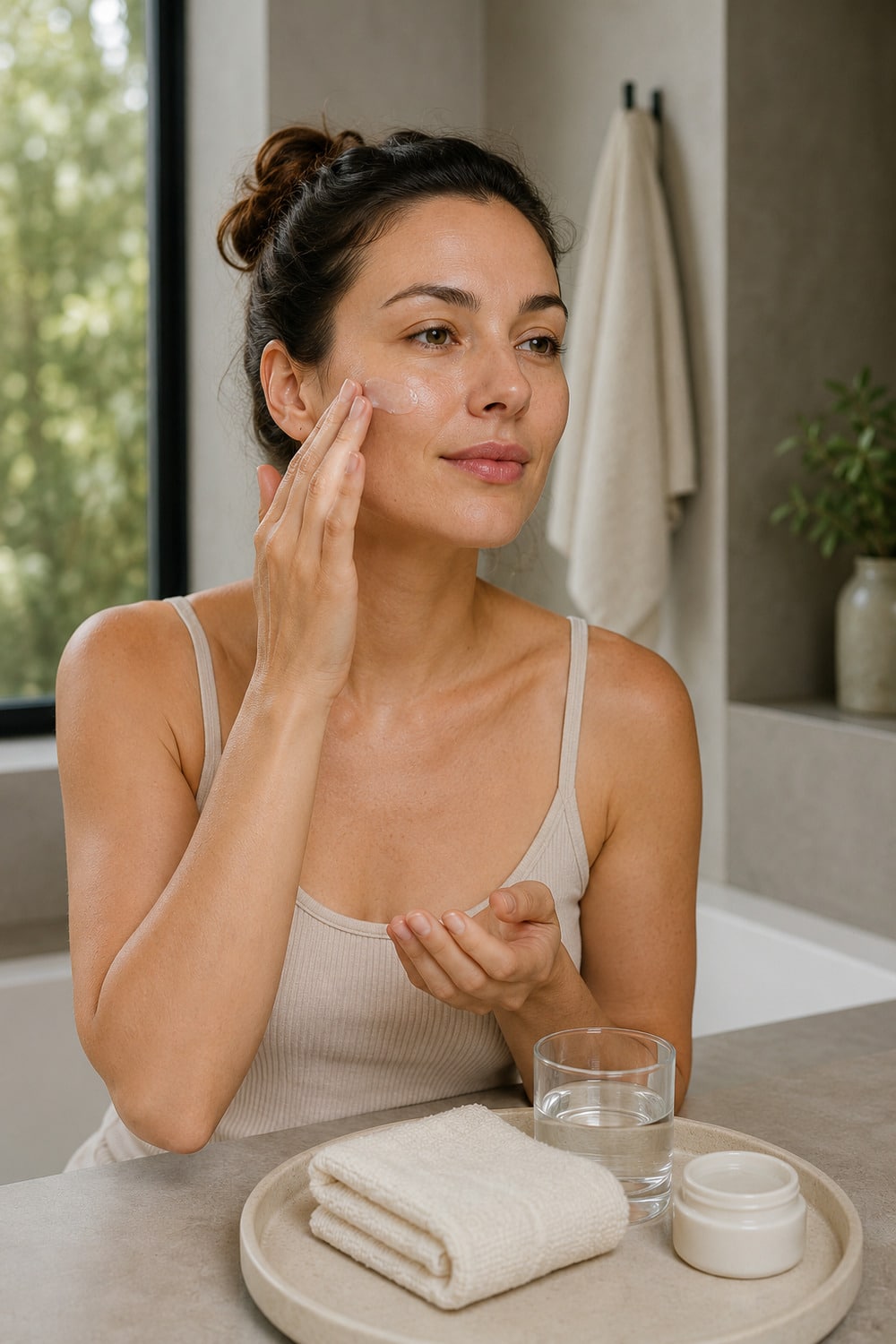 Cooling Gel Skincare for Warm Weather Comfort Cooling gel skincare scene with translucent gel moisturizer beside a folded towel and water glass in soft late-summer light