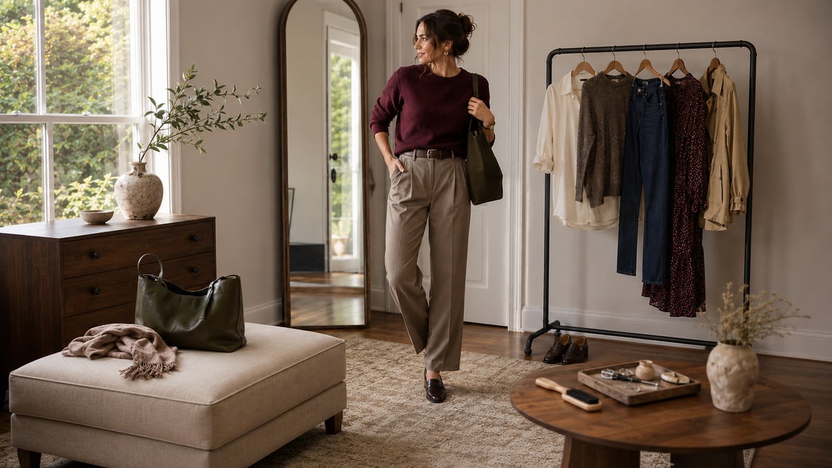 Woman testing a shirt knit jacket and loafers during an early fall wardrobe reset
