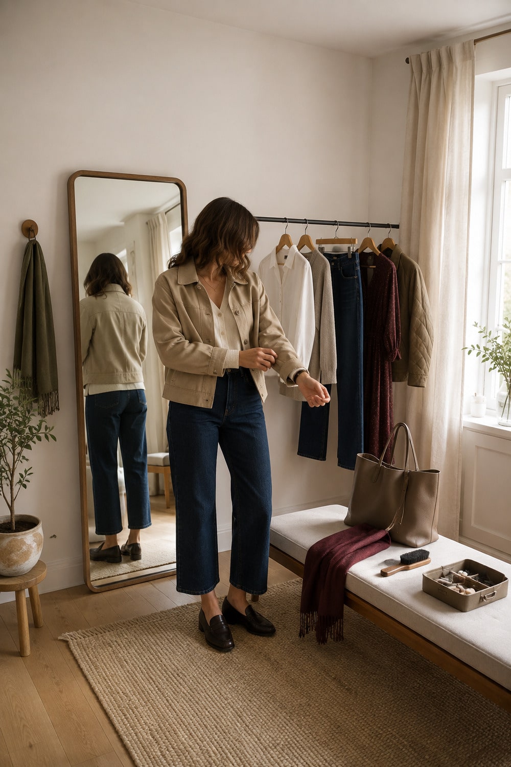 Early Fall Wardrobe Reset for Real September Days Woman testing an early fall wardrobe reset with a shirt knit jacket loafers and tote