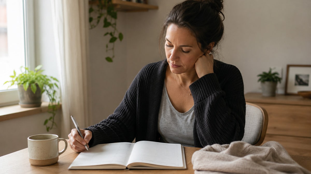Woman using an energy leak audit in a notebook near a softly lit window