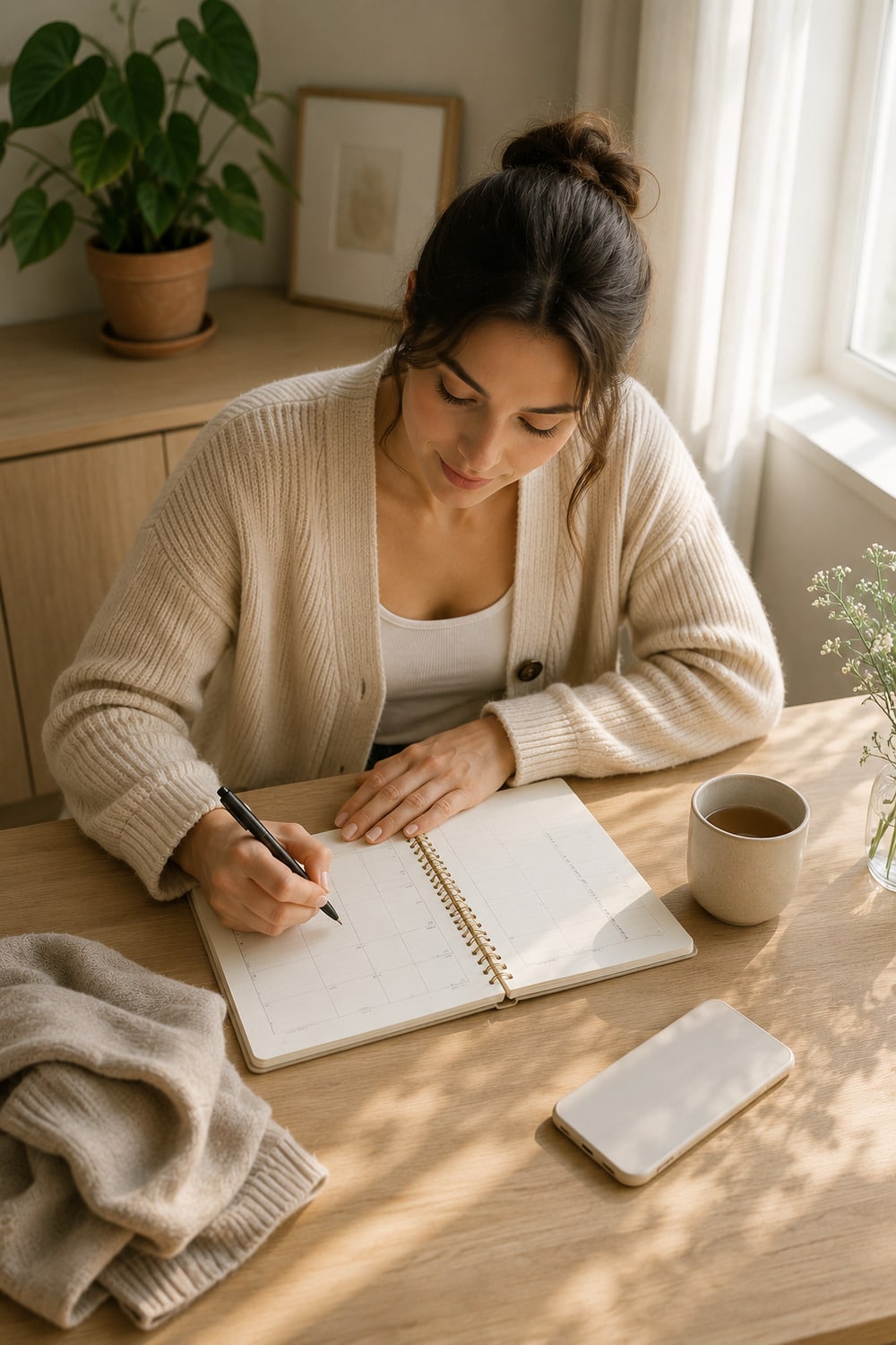 Woman using an energy leak audit in a notebook beside a quiet window