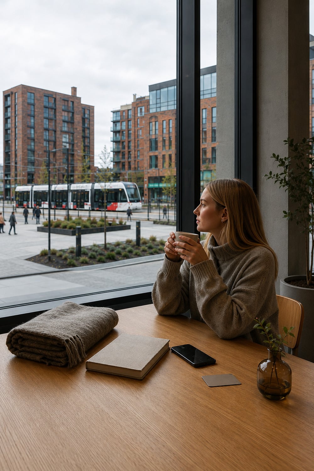Digital ease scene at a Tallinn window table with a closed notebook, face down phone, wool scarf and green corridor beyond the glass