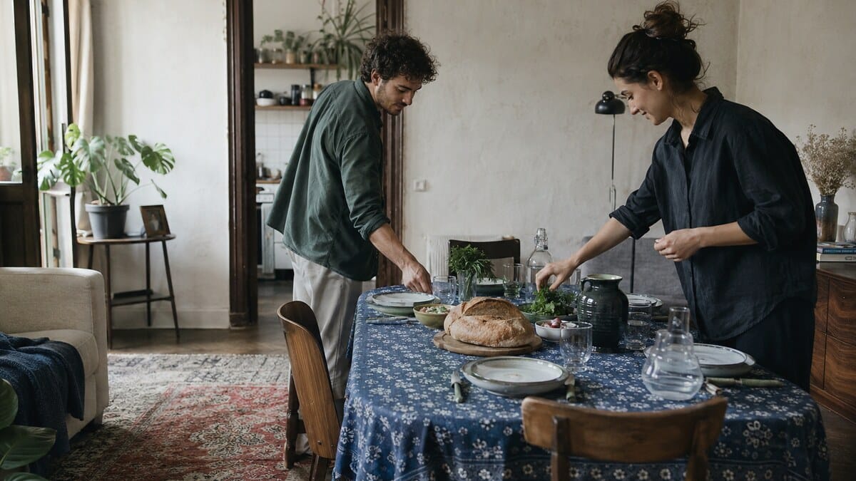 Hospitality tradition at a contemporary Tbilisi apartment table as two adults arrange blue printed cloth, ceramics, bread, and herbs