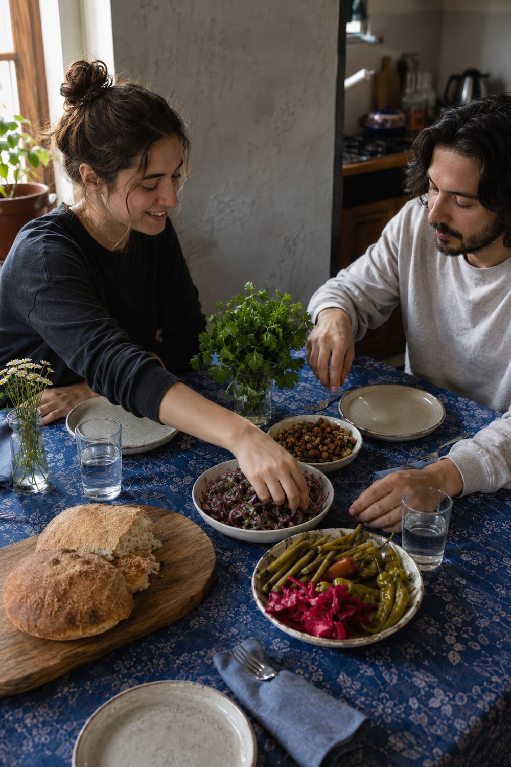 Georgian Hospitality Through Tbilisi Table Rituals Hospitality tradition at a contemporary Tbilisi apartment table with blue printed cloth, ceramic dishes, bread, herbs, and two adults preparing a shared meal