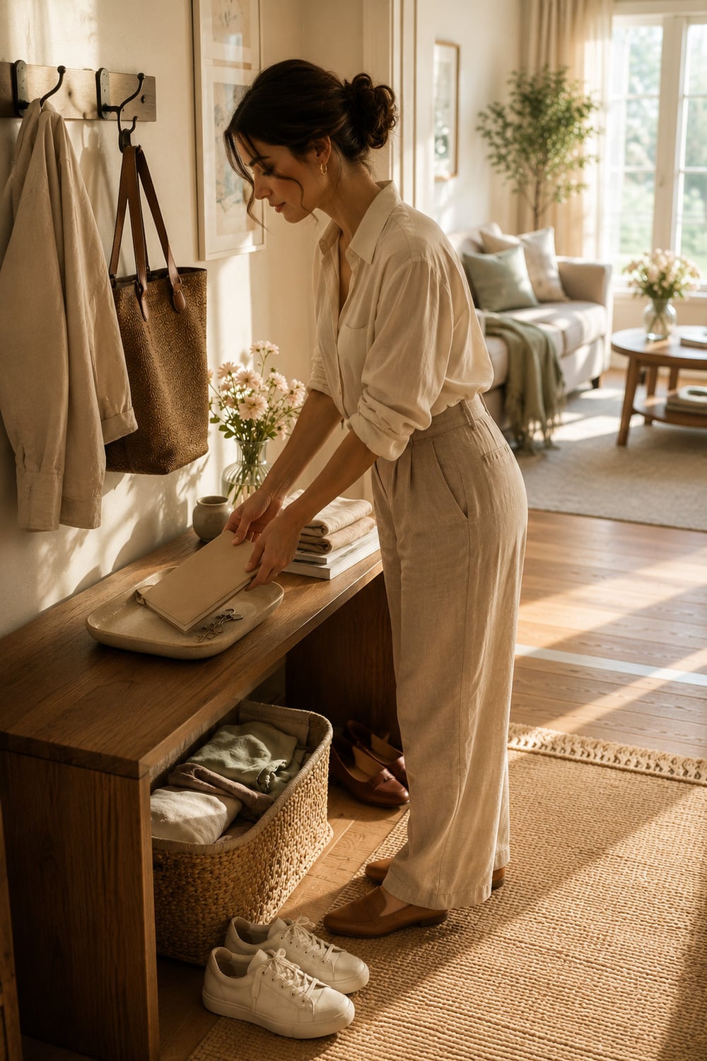 Home Reset Before September for Calmer Daily Routines Home reset before September with a clear entryway tray folded linen books and flowers