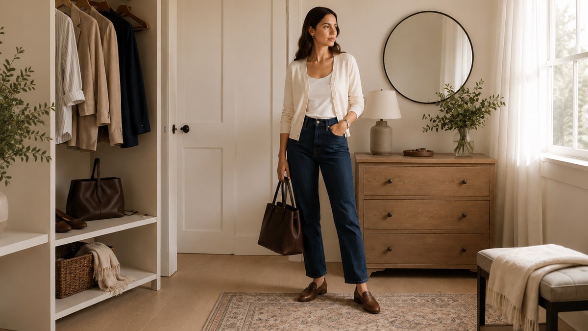 Woman wearing an ivory knit style with a lightweight cardigan, dark denim and brown loafers in a bright dressing area