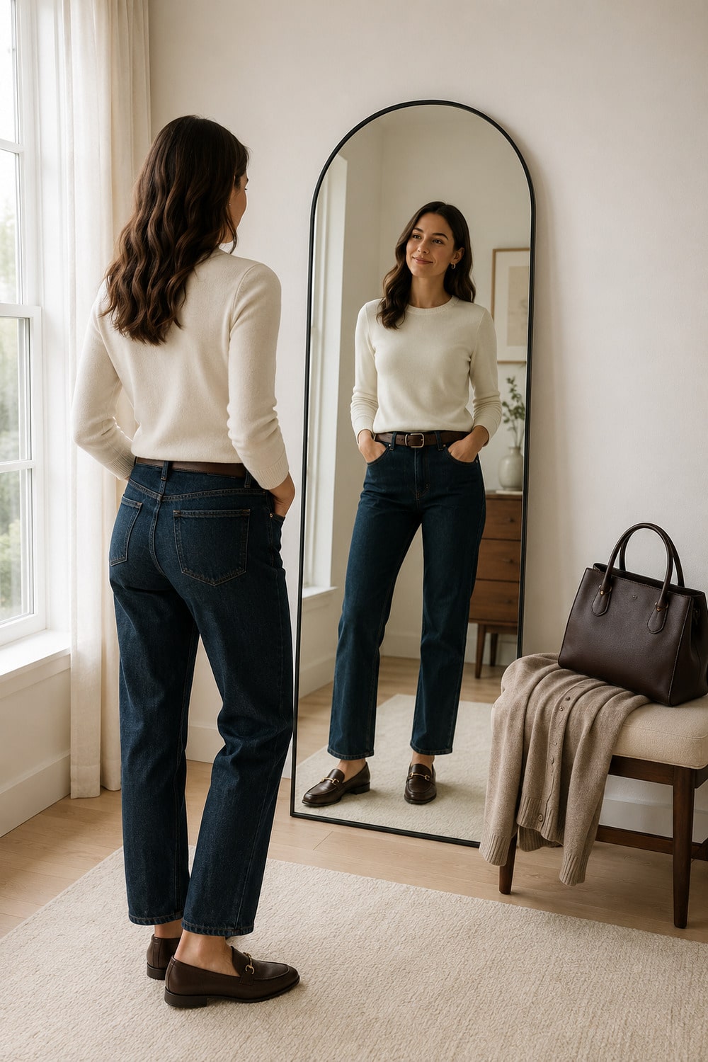 Woman wearing an ivory knit style with dark denim, brown loafers and a structured bag for transitional weather