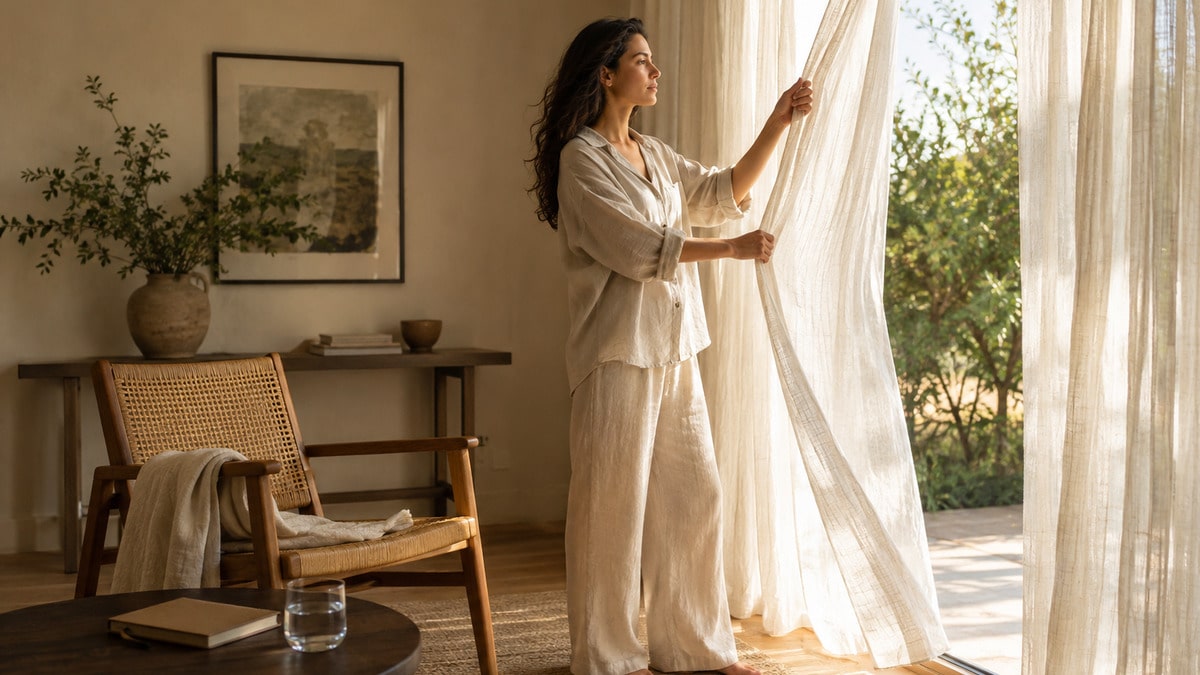 Late summer nervous system care scene with a woman opening a curtain near a journal and linen chair