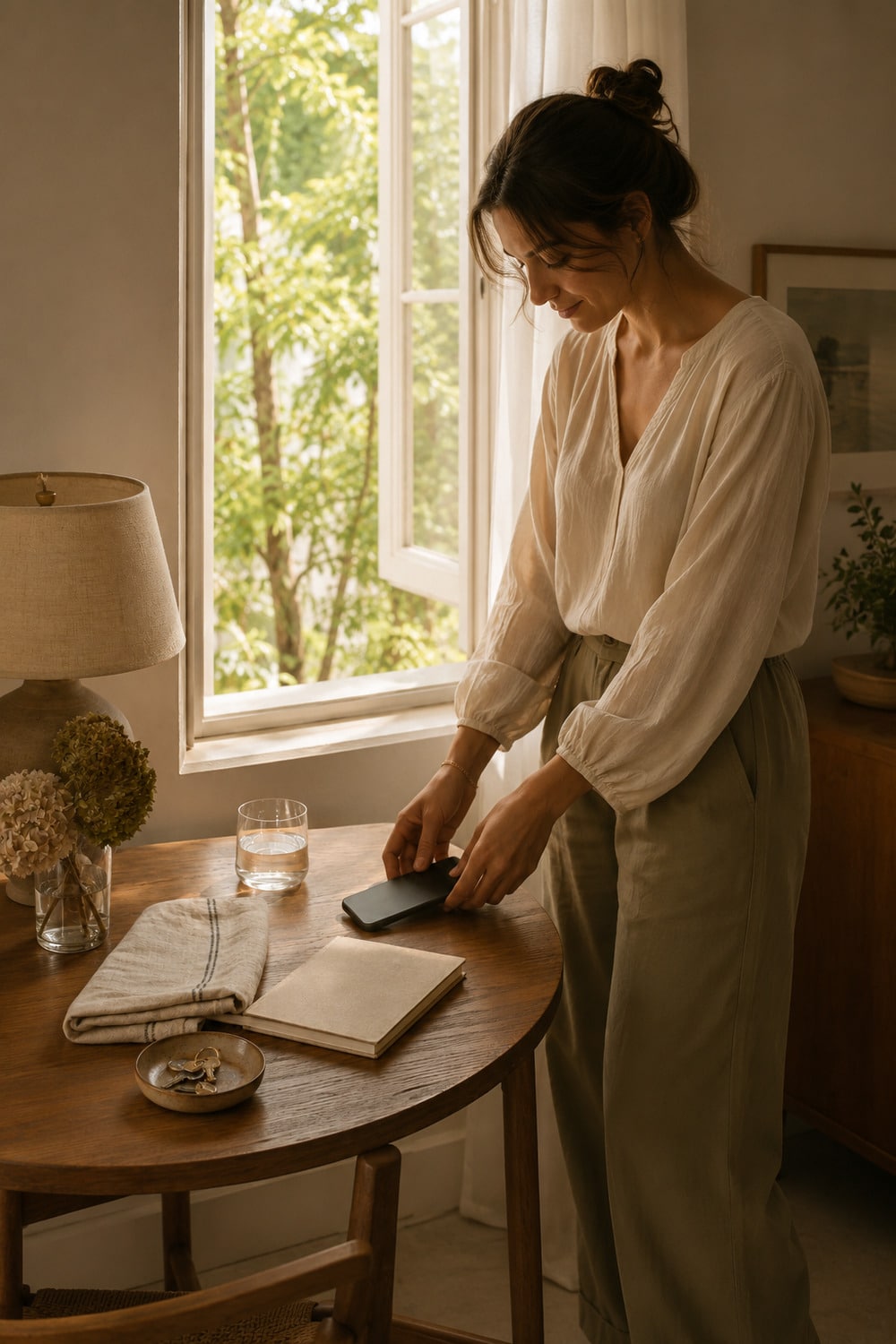 Late Summer Nervous System Care for Seasonal Transitions Late summer nervous system care scene beside an open window with a journal linen and a glass of water