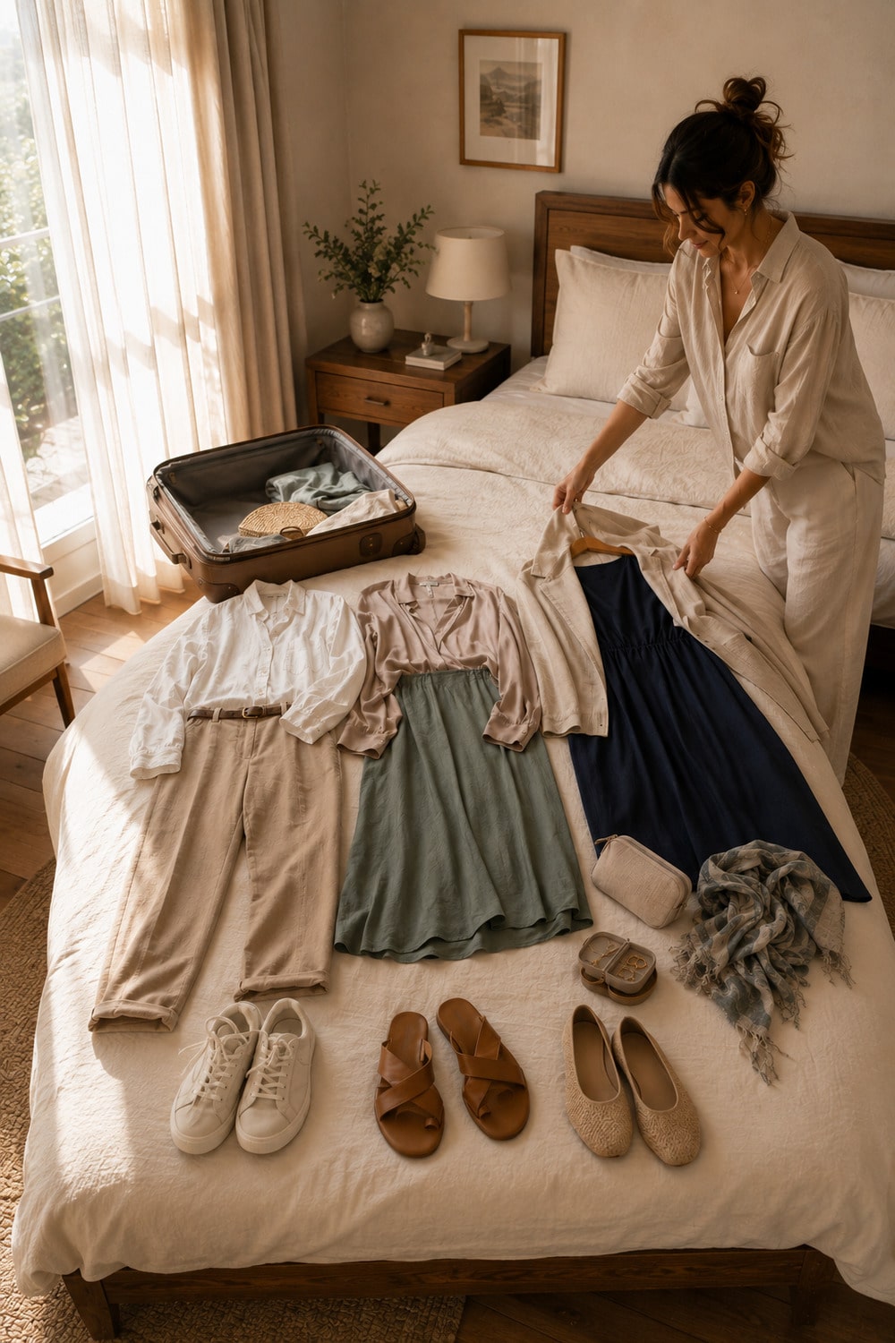 Late Summer Travel Capsule for Changing Weather Late summer travel capsule arranged with a blouse, skirt, trousers, light jacket, walking shoes and accessories