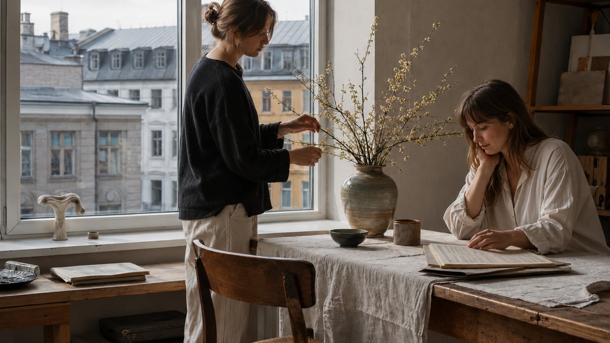 Refined simplicity in a contemporary Riga interior with linen cloth ceramic vase timber details and soft northern city light