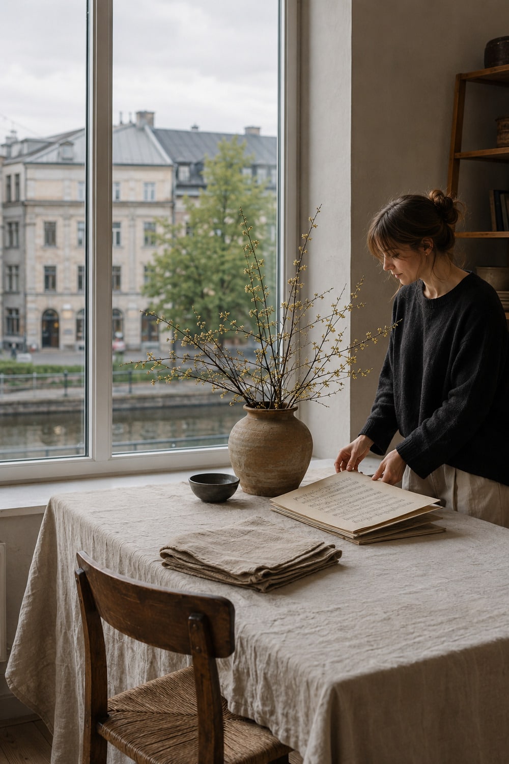 Riga Song Craft and Refined Simplicity Refined simplicity in a contemporary Riga table scene with linen cloth ceramic vase seasonal branches and soft city light
