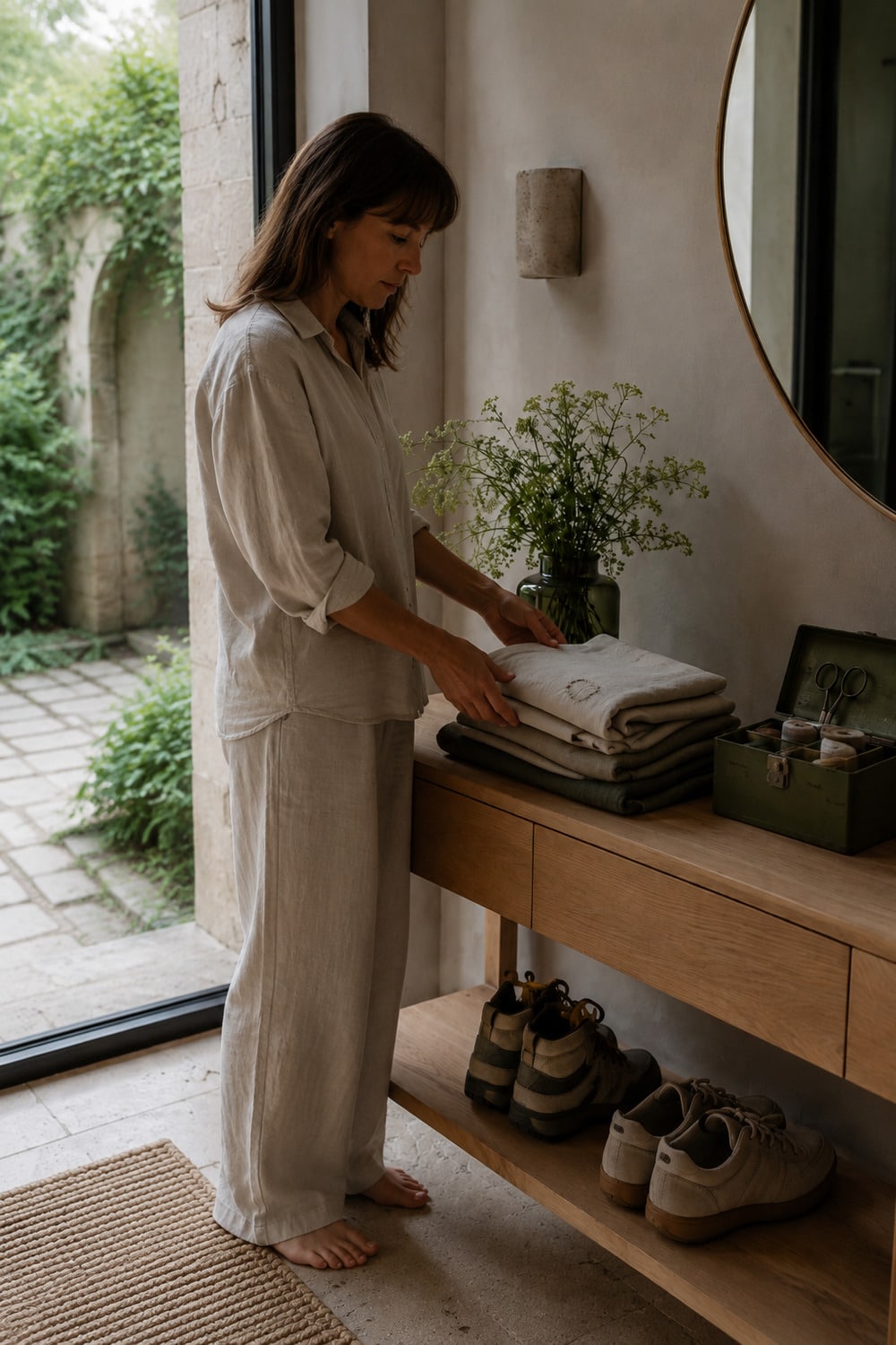 City specific Lithuanian women lifestyle scene in Vilnius with folded linen ceramic cup tools and a leafy courtyard