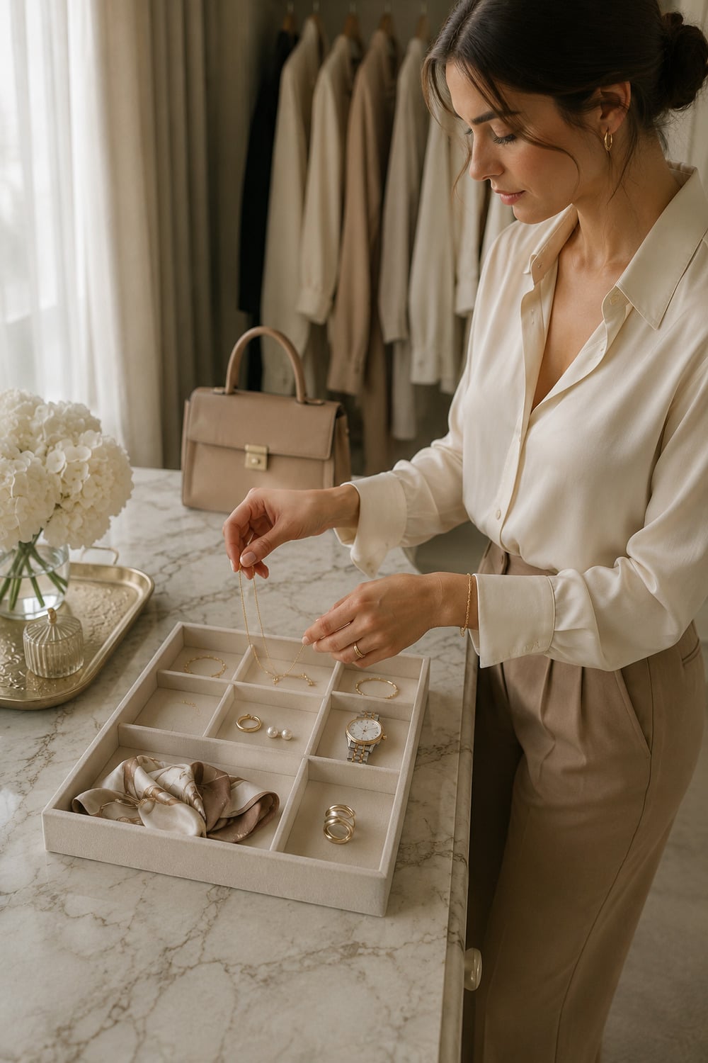 Minimalist Jewelry Capsule for Everyday Dressing Minimalist jewelry capsule arranged with small hoops, a fine necklace, a bracelet and a personal ring
