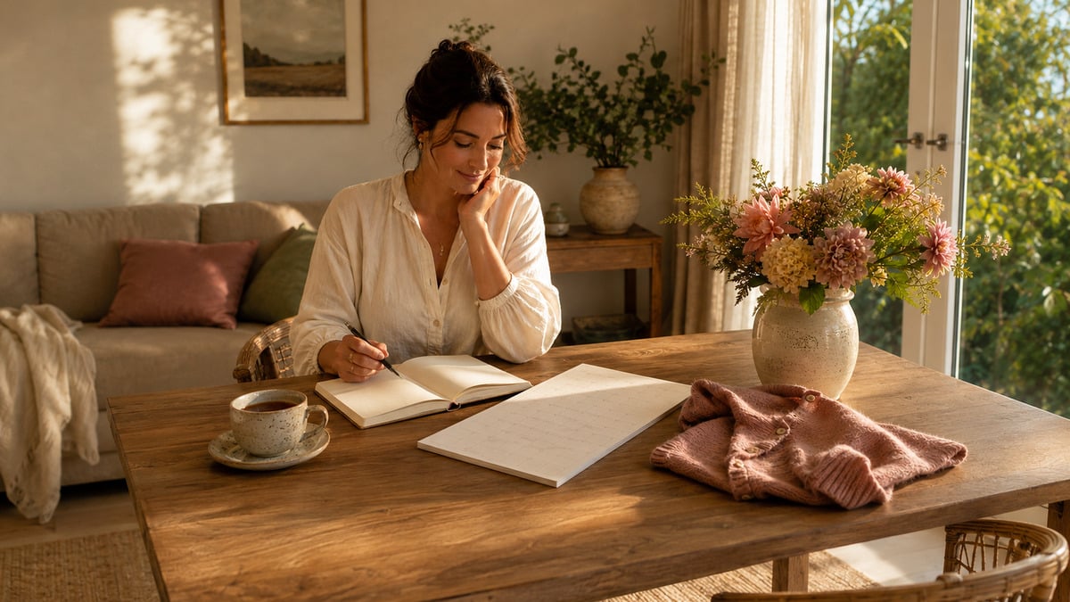Woman using a new month intention ritual with a September calendar journal tea and late summer flowers