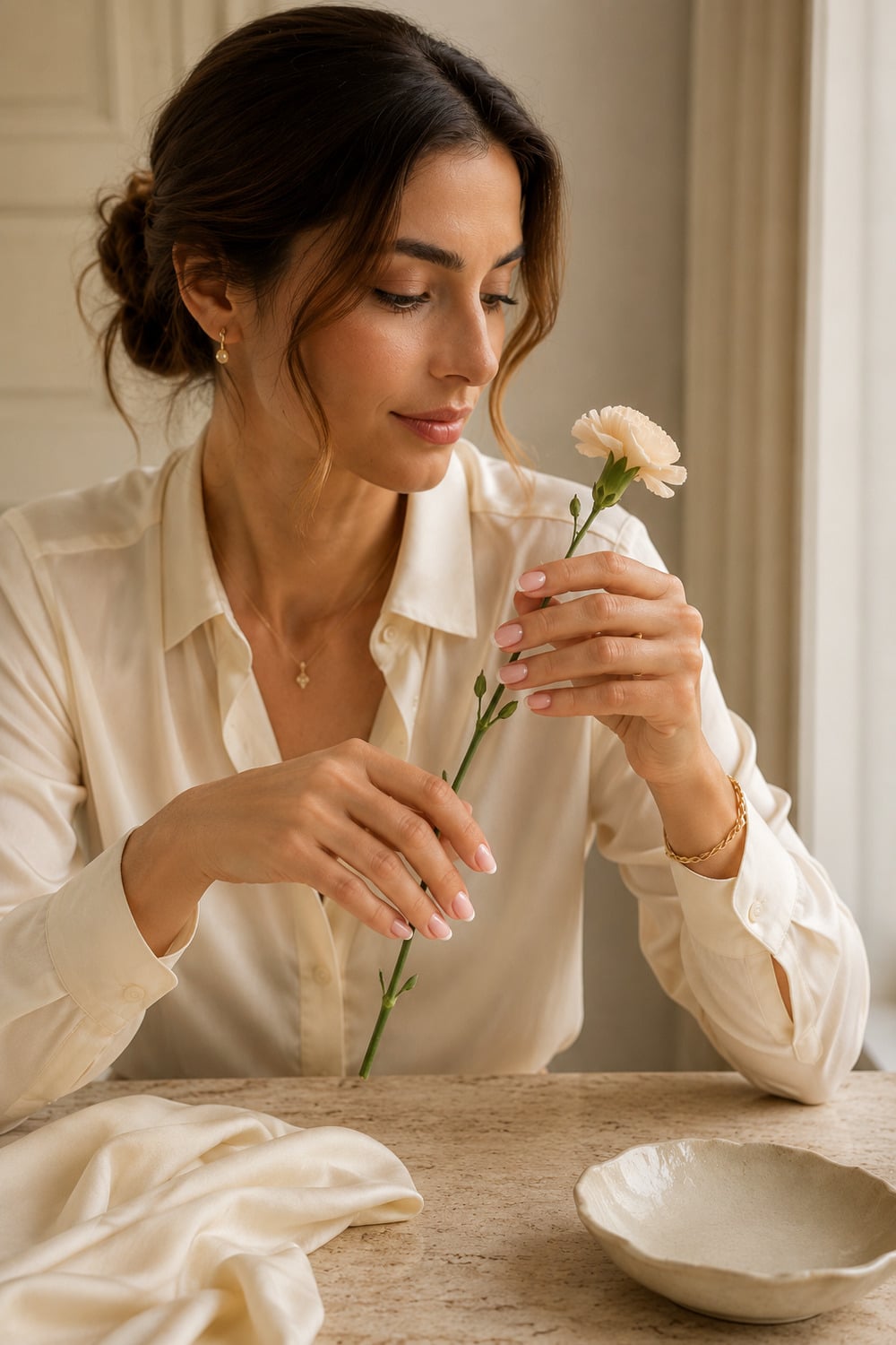Oval nail ideas shown on short to medium nails with pearly blush polish and fine curved manicure details