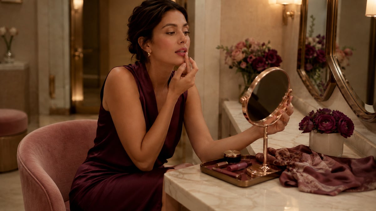 Woman applying a sheer plum lip tint beside a softly lit vanity with natural skin texture