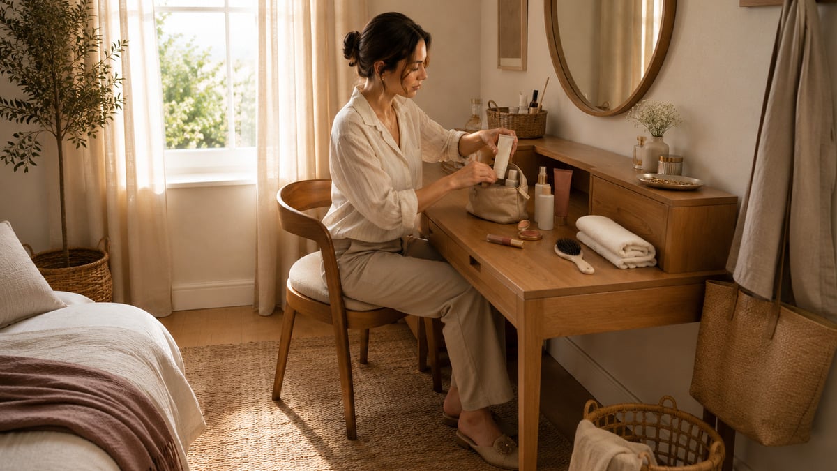 Woman planning a pre fall beauty reset with skincare and soft makeup at a late summer vanity