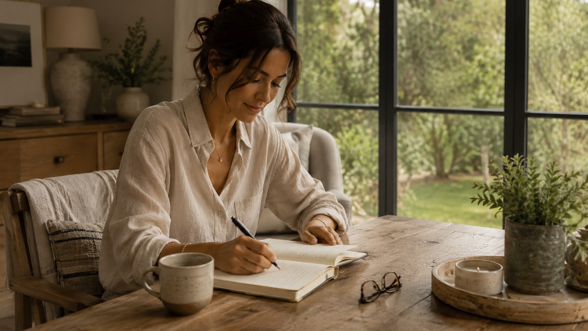 Woman writing quiet morning pages beside a softly lit morning window