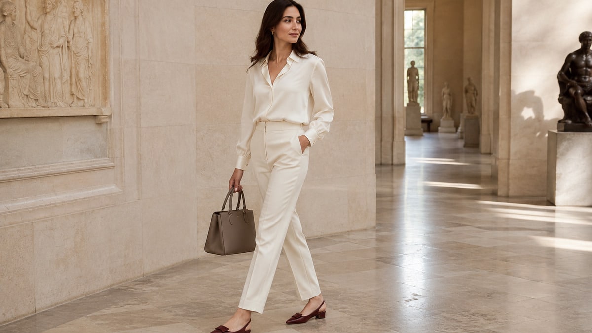 Woman in cream trousers wearing burgundy quiet statement shoes in a pale gallery corridor