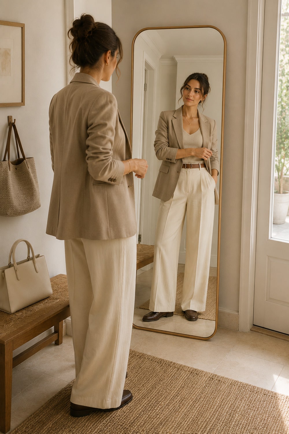 Relaxed suiting style with a soft taupe blazer cream wide leg trousers and brown loafers