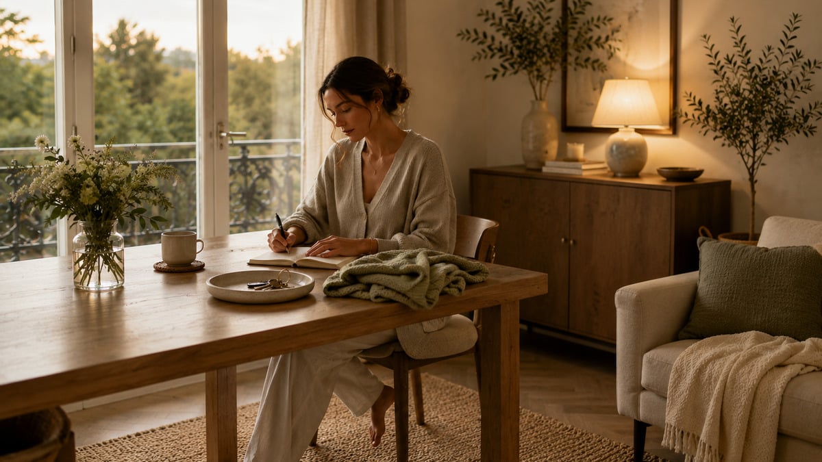 Woman using a blank weekly planner to reset your week gently beside tea and flowers in soft evening light