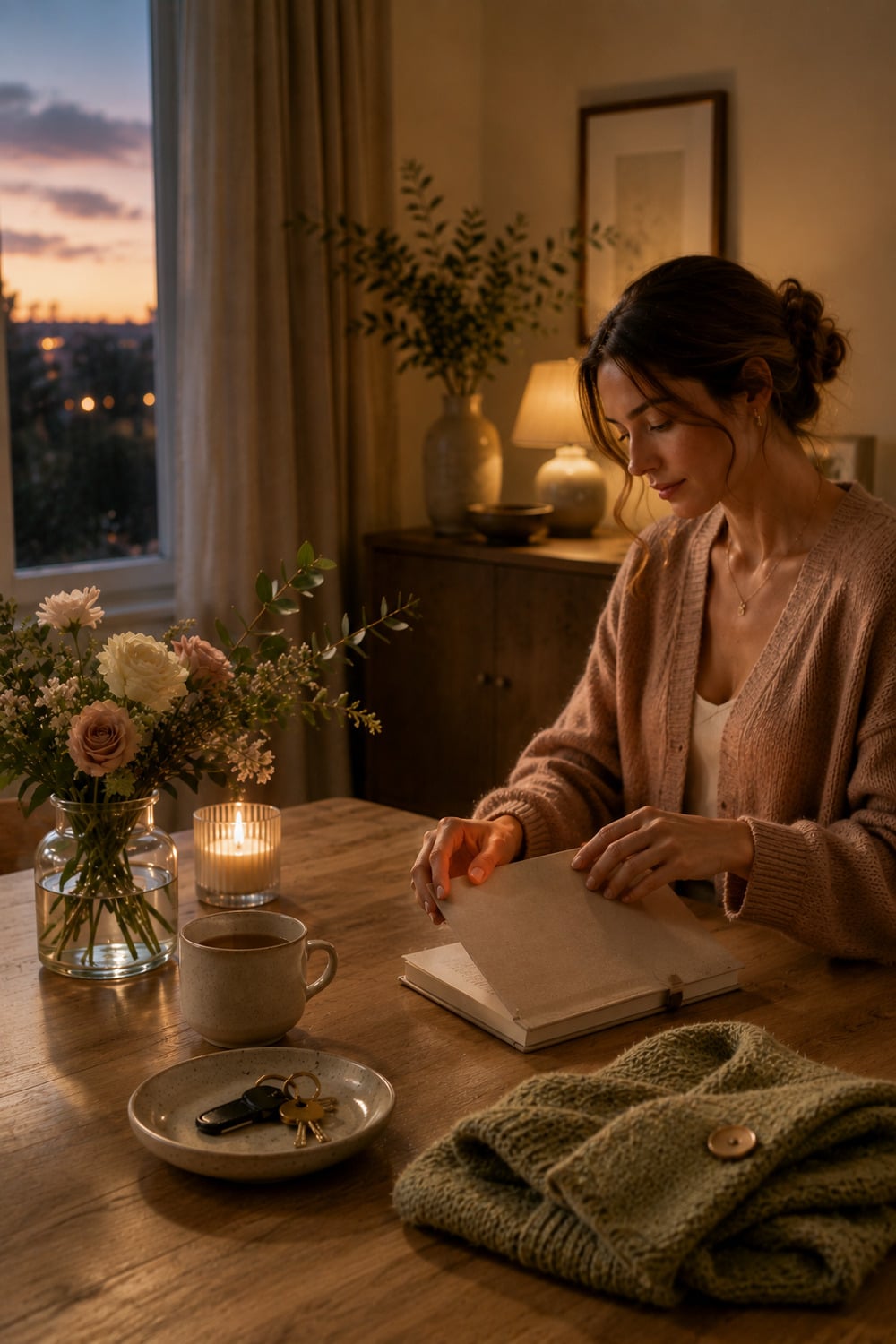 A Gentle Weekly Reset That Leaves Sunday Restful A quiet scene to reset your week gently with a blank planner, tea, flowers and evening light