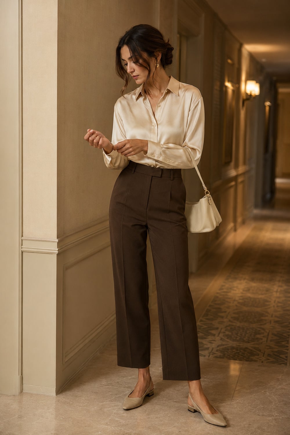 Silk Blouse Styling for Late Summer Silk blouse style with a champagne blouse cocoa trousers and simple late summer accessories