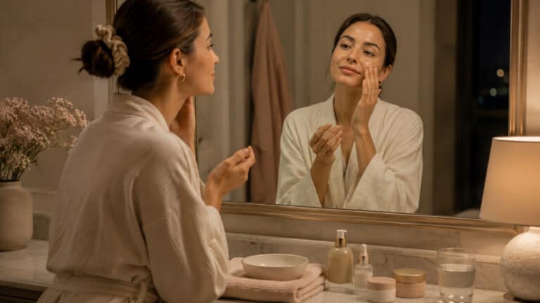 Woman applying moisturizer during a sleepy girl beauty routine beside a simple evening setup with realistic skin texture