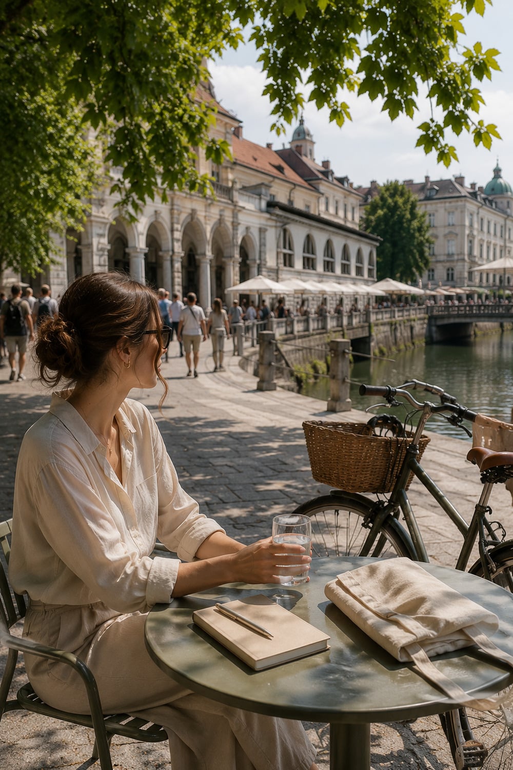 Ljubljana riverside table in a city-specific Slovenian women lifestyle setting near market arcades, a bicycle and leafy shade