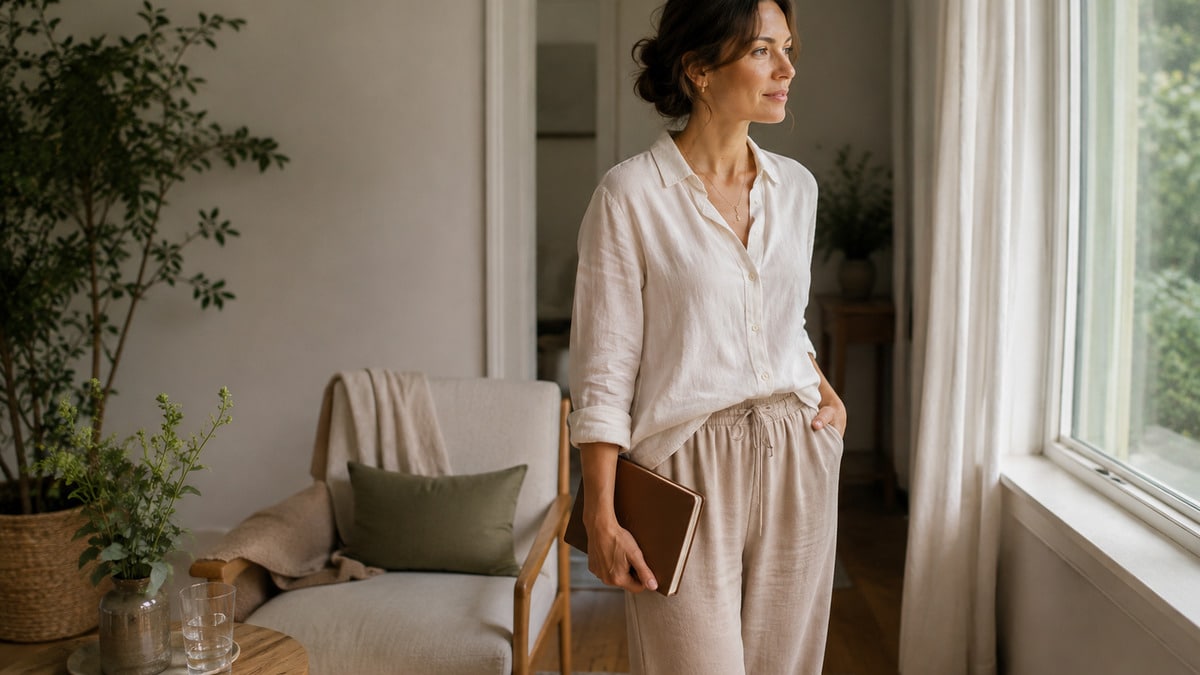 Slow productivity for women scene with a woman near a window holding a closed planner beside a simple chair