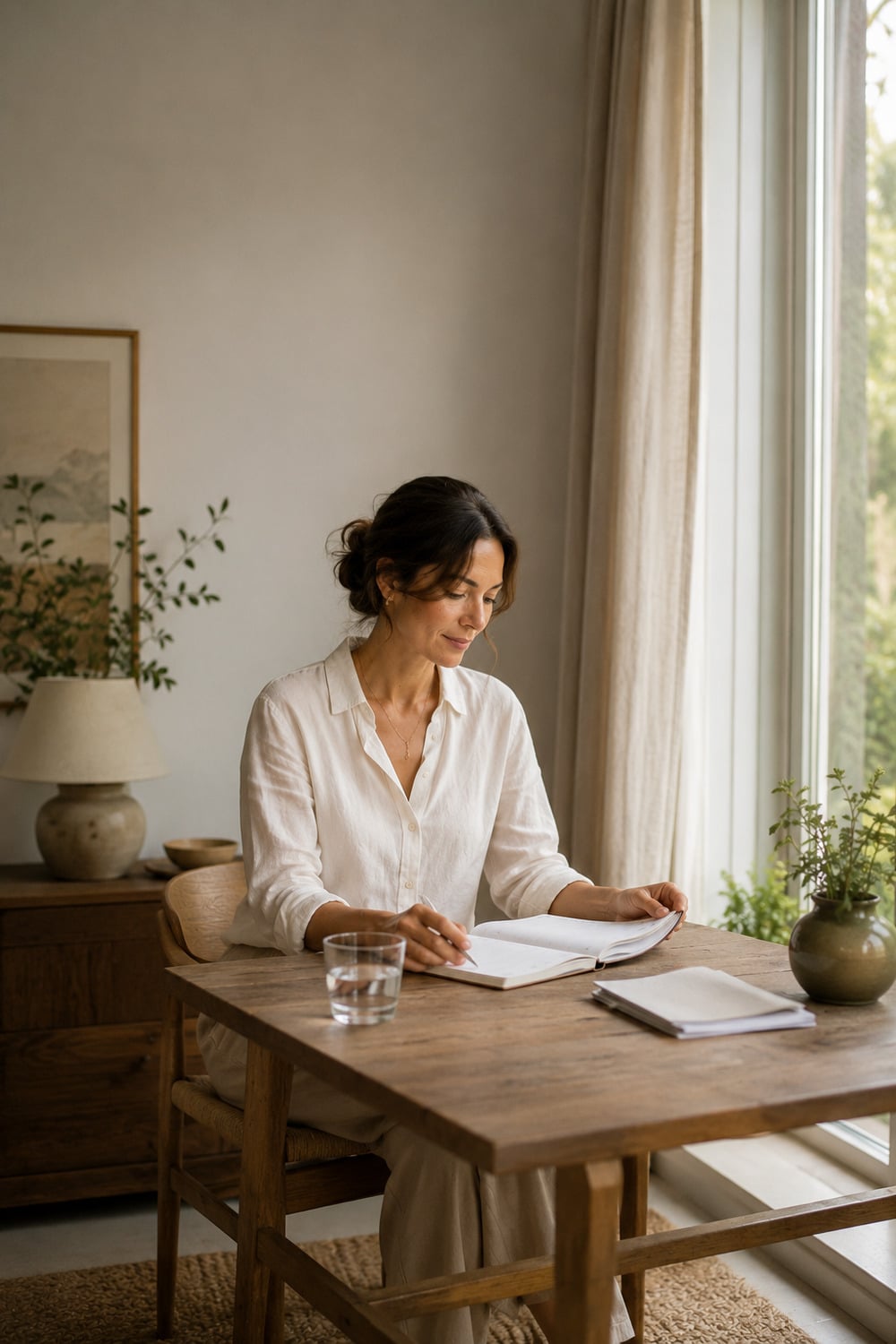 Slow Productivity for Women With Room for Real Life Slow productivity for women shown by a woman reviewing a simple planner beside a window with water on an uncluttered work surface