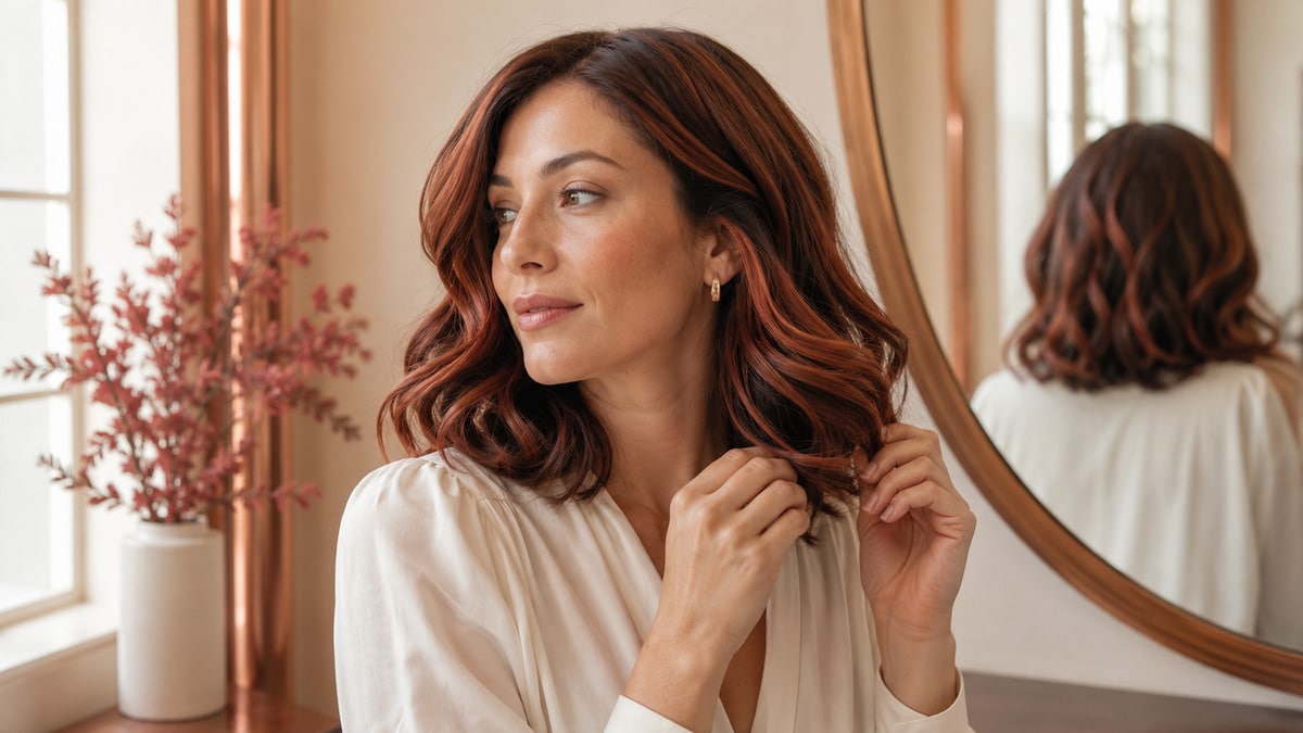 Woman with soft auburn hair color waves in a warm salon mirror setting