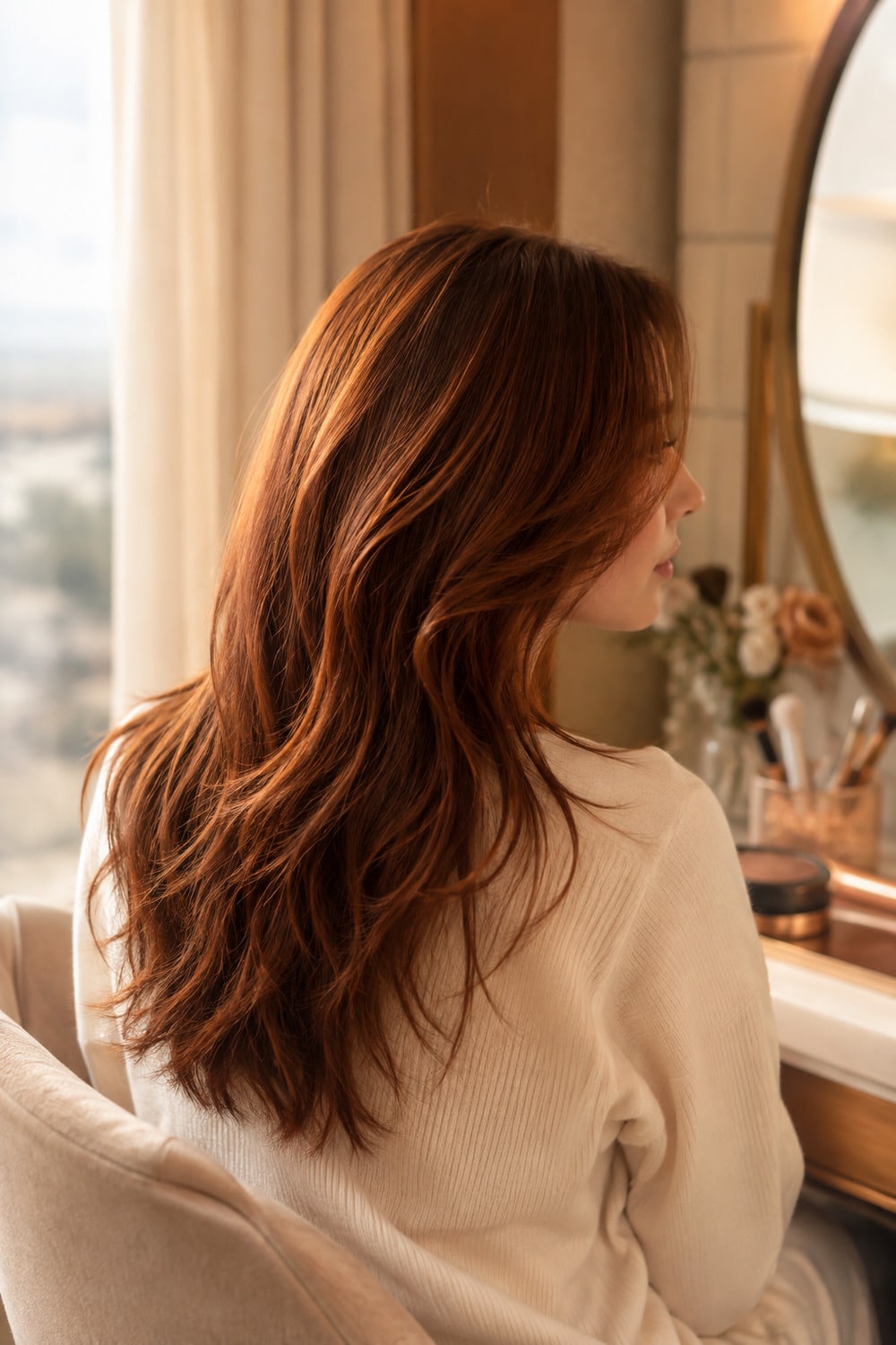 Soft Auburn Hair Color with Quiet Dimension Soft auburn hair color with copper brown dimension through loose shoulder length waves